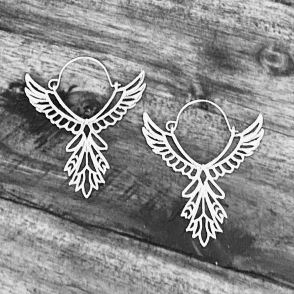 “Thunderbird” Phoenix Silver Guardian Angel Festival Native American Wing Hoops - Picture 9 of 11